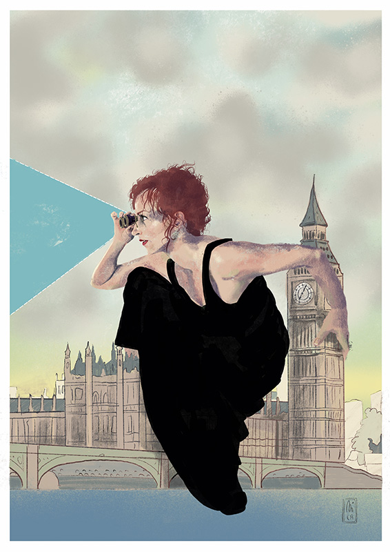 Drawing of a woman on the top of the Big Ben looking through binoculars
