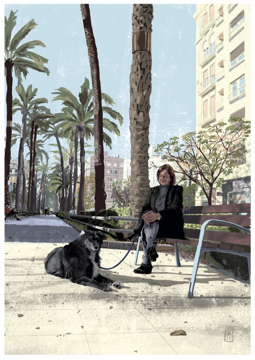 woman with a big black dog resting on a bench in a large avenue.