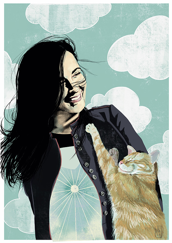 Smiling girl with a cat and shining sun in her heart illustration