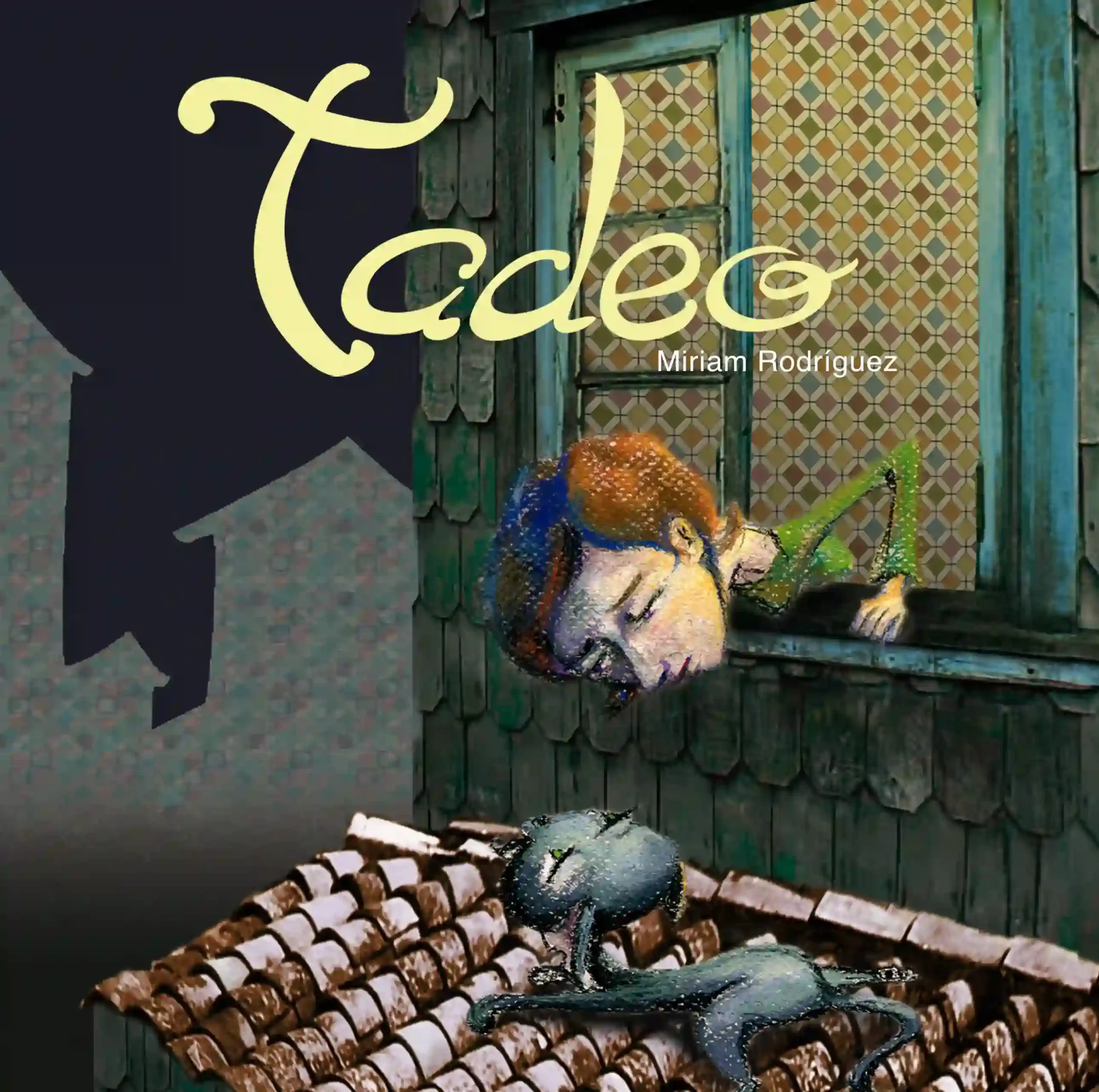 Illustration of a girl looking out the window at a kitten sleeping on the roof